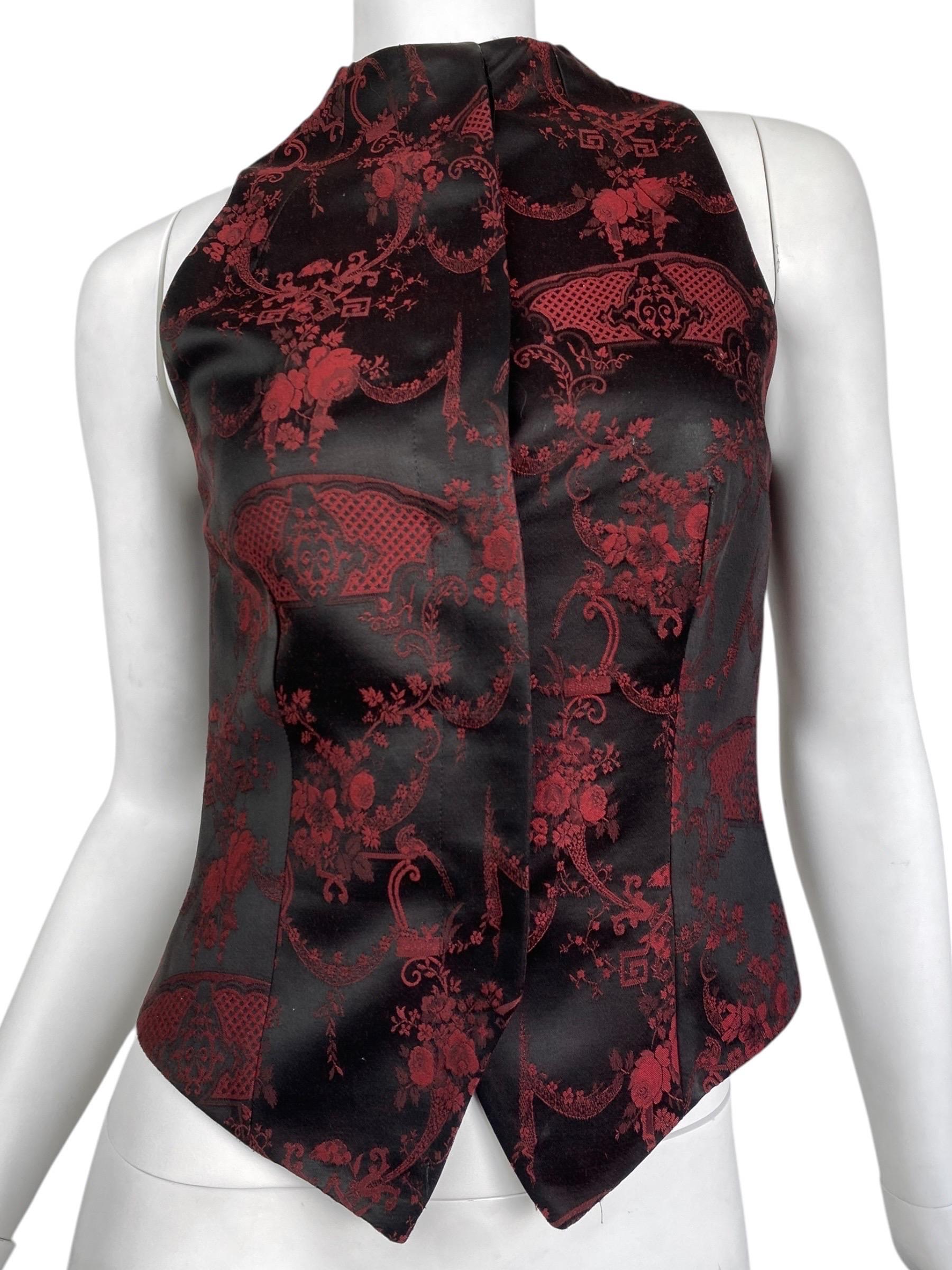 Black ALEXANDER MCQUEEN fw1998 «JOAN» BLACK & RED JACQUARD FLORAL WAISTCOAT