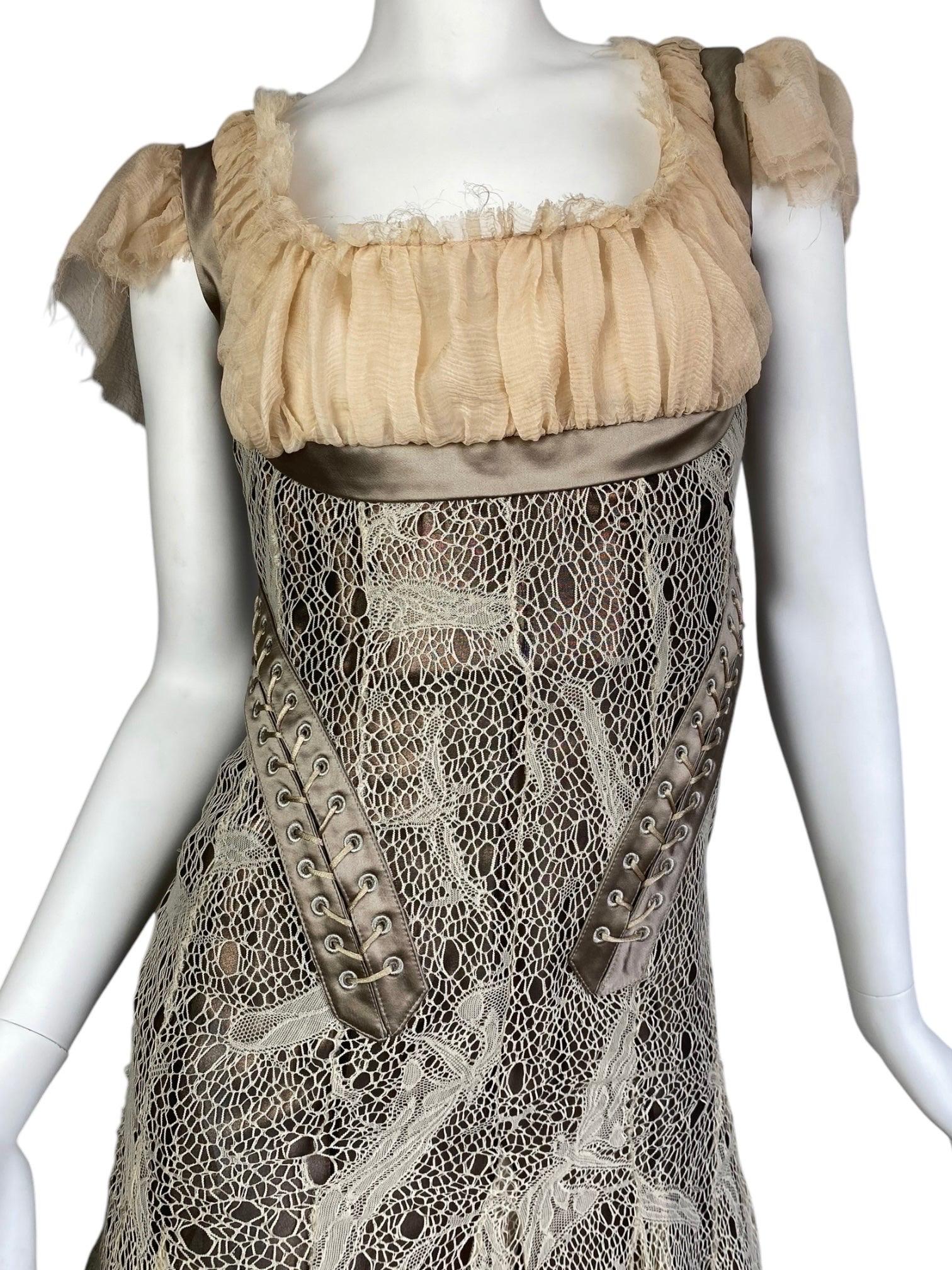 Beige ALEXANDER MCQUEEN fw2002 « SUPERCALIFRAGILISTIC » BEIGE LACE CORSET MIDI DRESS
