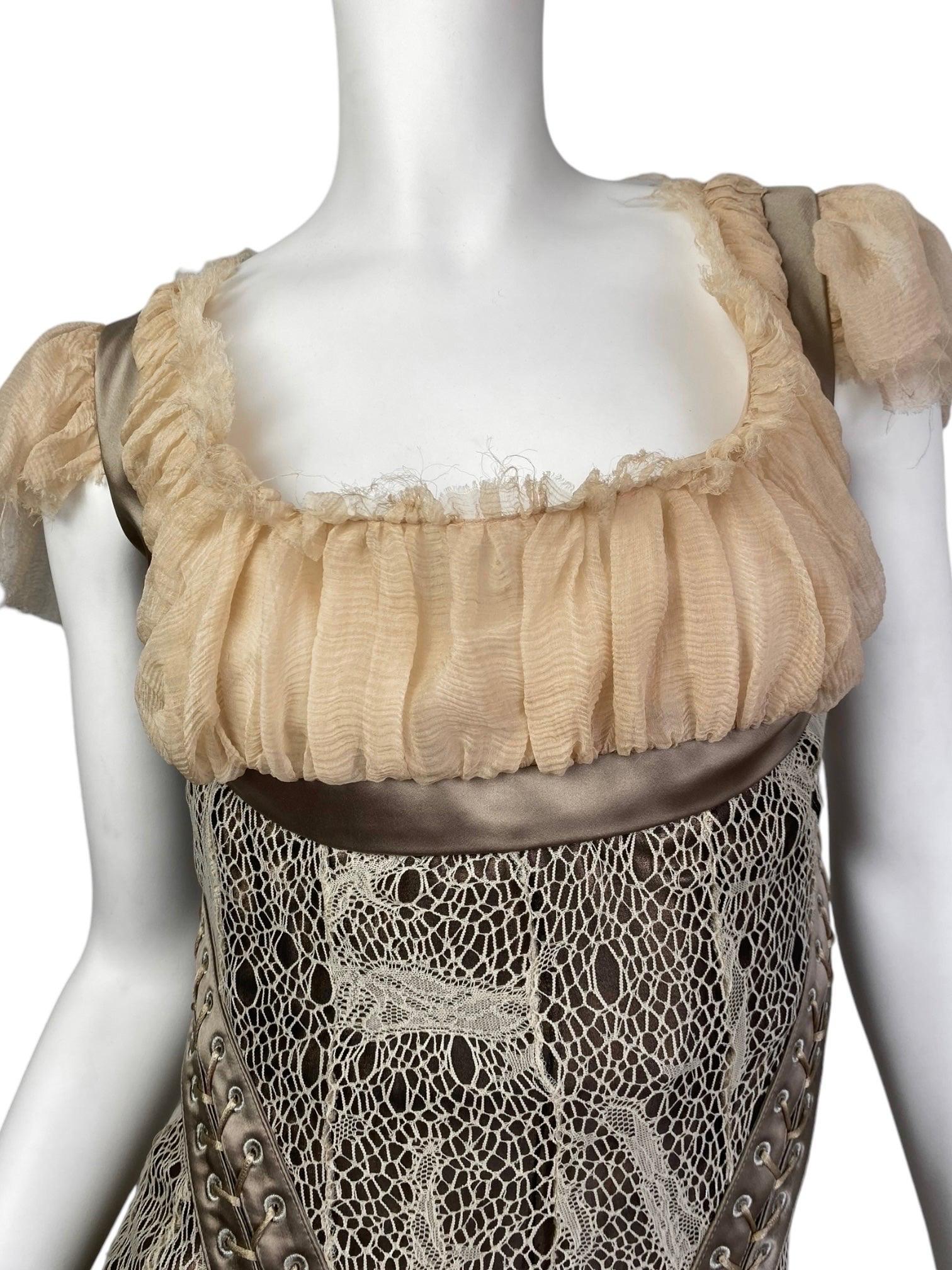 Women's ALEXANDER MCQUEEN fw2002 « SUPERCALIFRAGILISTIC » BEIGE LACE CORSET MIDI DRESS