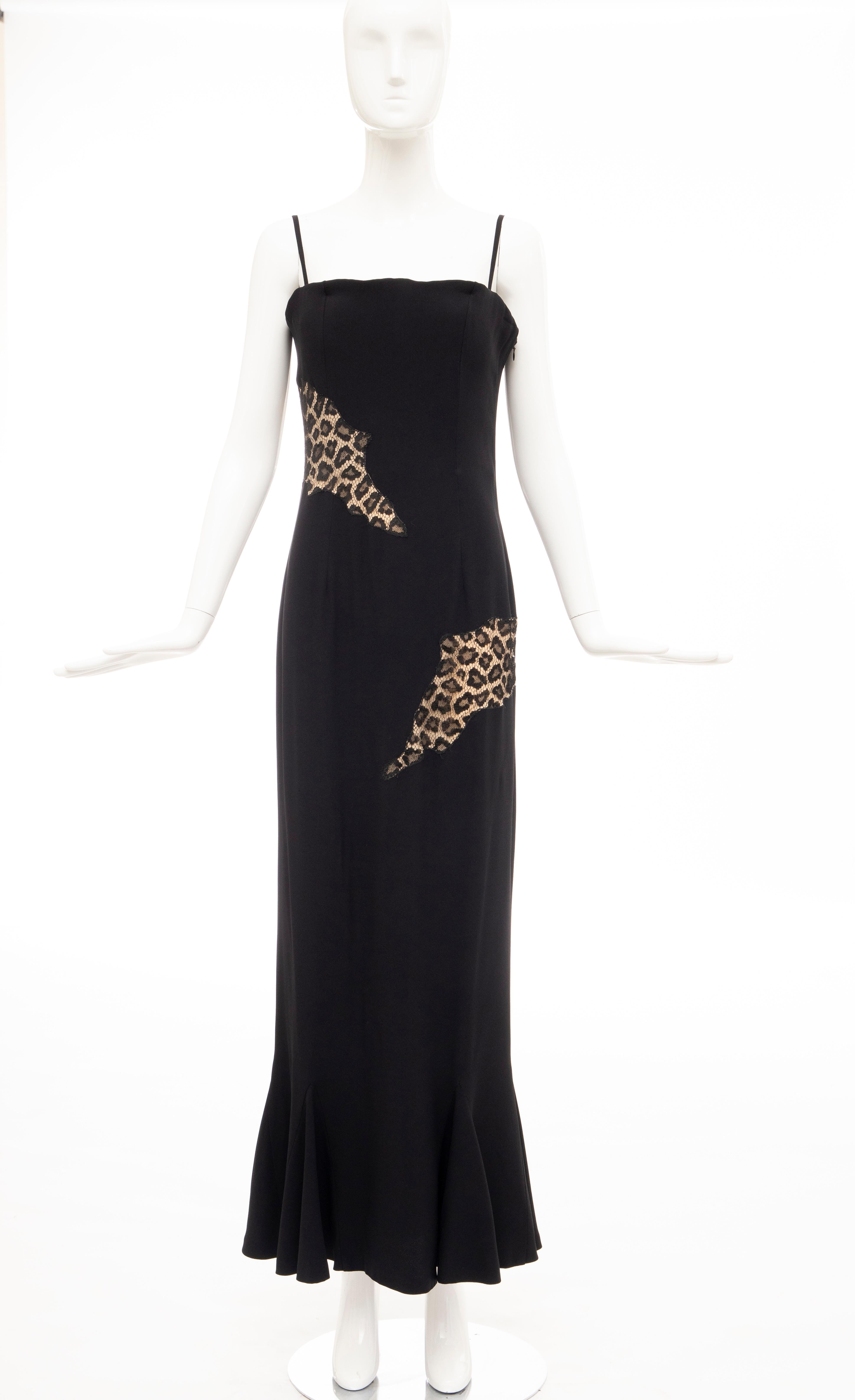 Alexander McQueen for Givenchy Couture, Fall 1997, black spaghetti strap evening dress, boning at bust, leopard lace panels, fluted hem and concealed zip closure at side. 

FR. 42, US. 10

Bust: 33