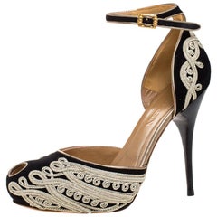 Alexander McQueen Gold Cord Embroidered Suede Ankle Strap D'orsay Pumps Size 40