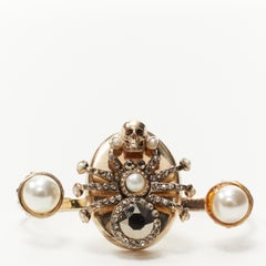 ALEXANDER MCQUEEN gold crystal Spider punk skull pearl double ring
