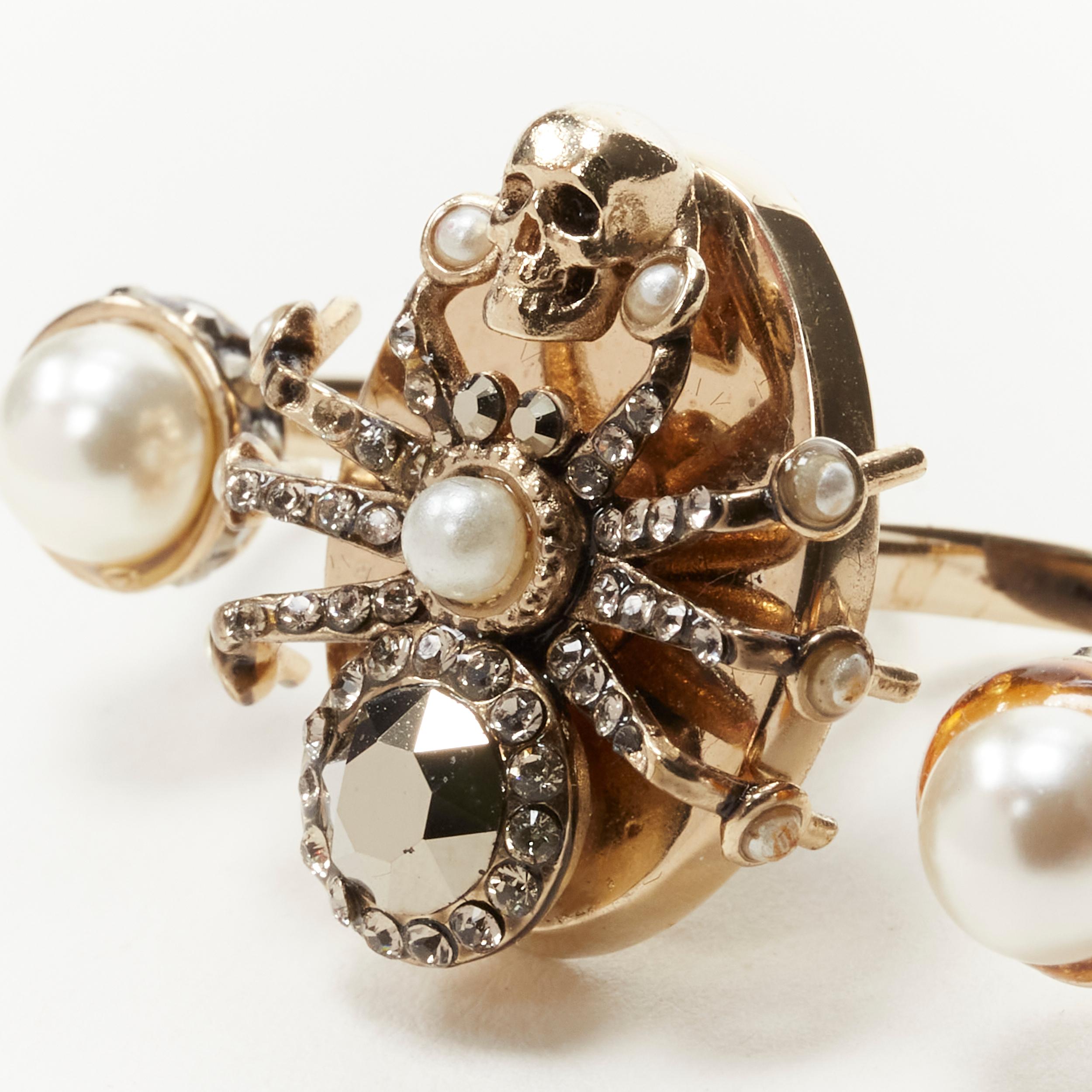 Gold ALEXANDER MCQUEEN gold crystal Spider punk skull pearl double ring