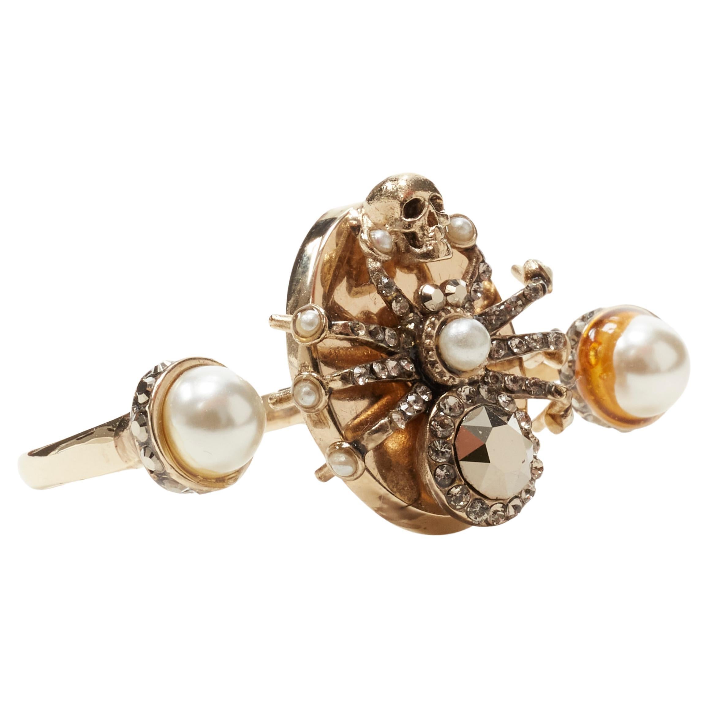 ALEXANDER MCQUEEN gold crystal Spider punk skull pearl double ring