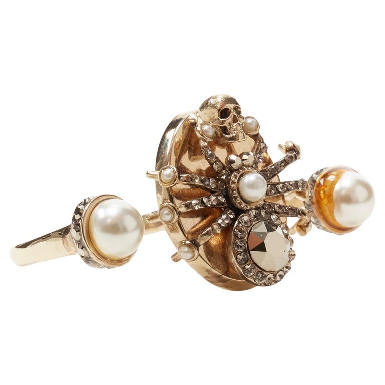 ALEXANDER MCQUEEN gold crystal Spider punk skull pearl double ring at  1stDibs