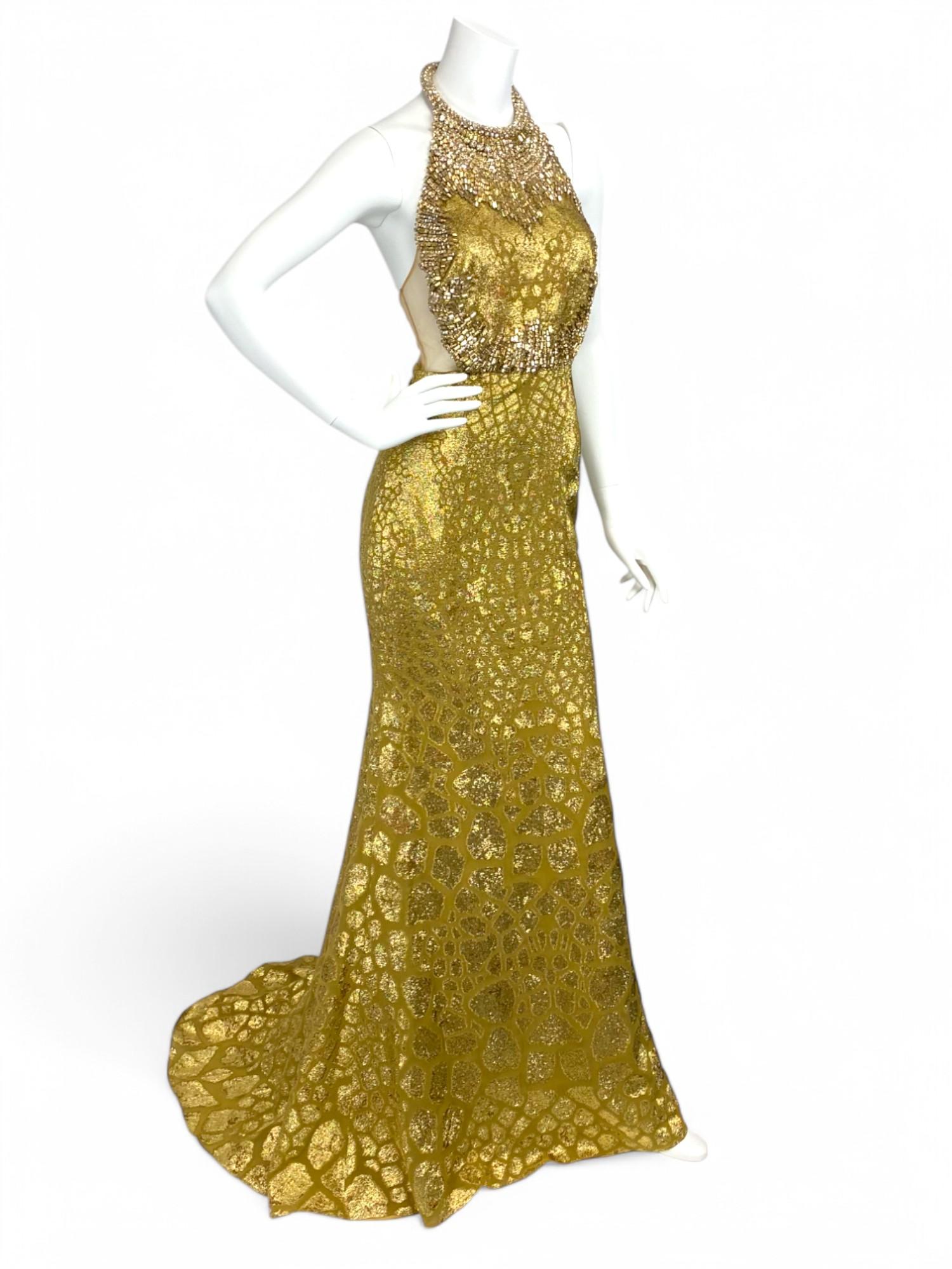 Women's Alexander McQueen Gold Jeweled Evening Gown Sz: 40 For Sale