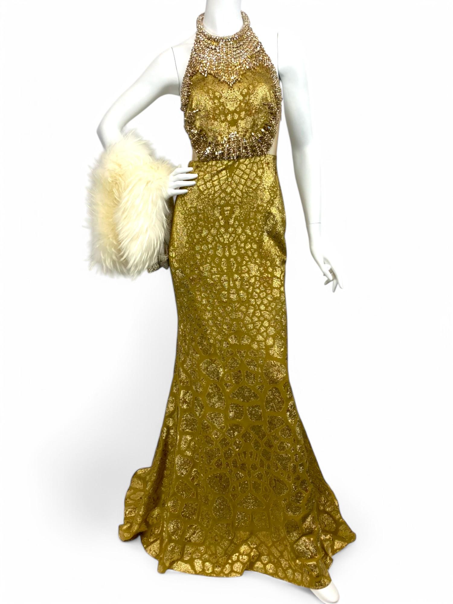 Brown Alexander McQueen Gold Jeweled Evening Gown Sz: 40 For Sale