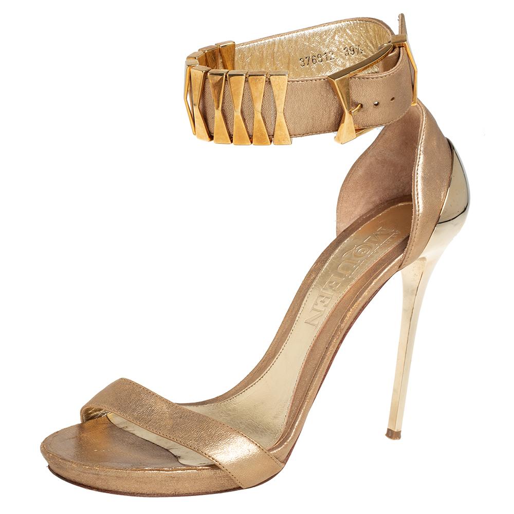 Brown Alexander McQueen Gold Leather Ankle Cuff Open Toe Sandals Size 39.5
