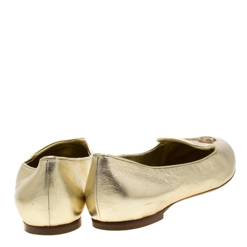 Alexander McQueen Gold Leather Sequin Skull Ballet Loafer Flats Size 38 1