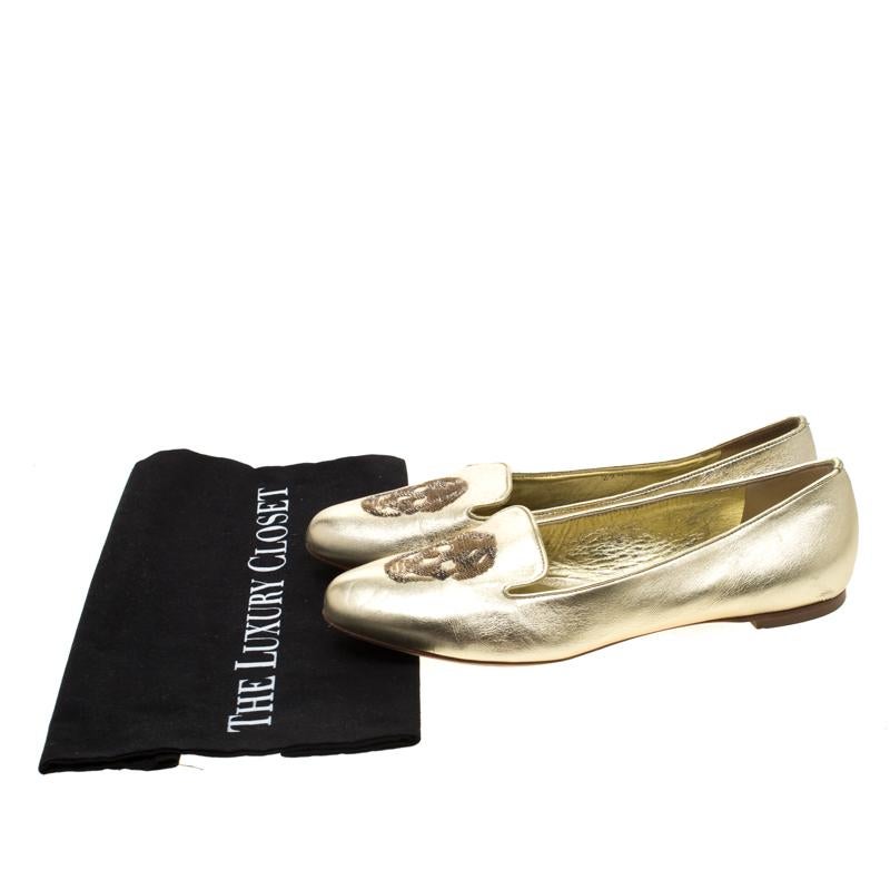 Alexander McQueen Gold Leather Sequin Skull Ballet Loafer Flats Size 38 4