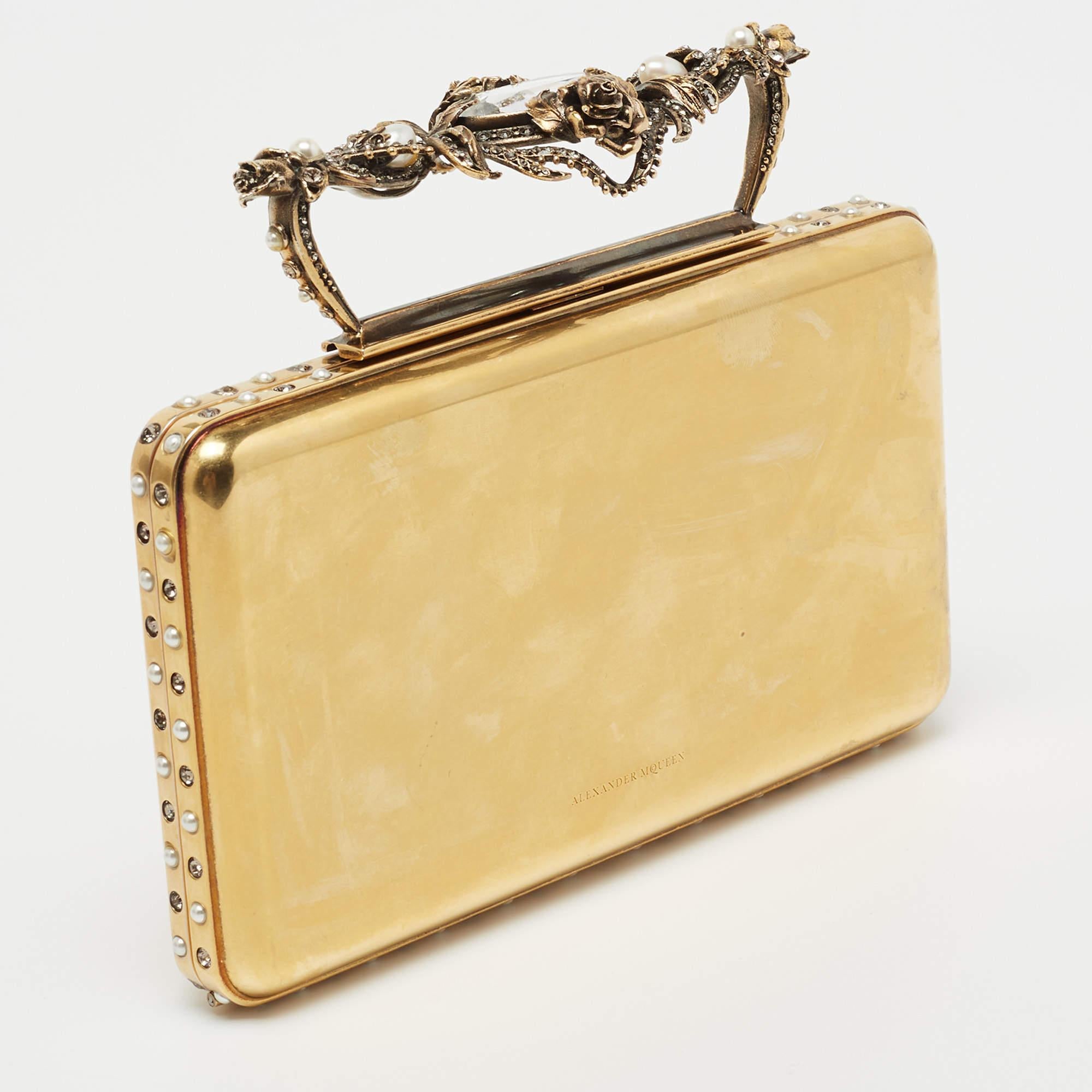 Alexander McQueen Gold Metal Small Jewelled Clutch In Fair Condition In Dubai, Al Qouz 2