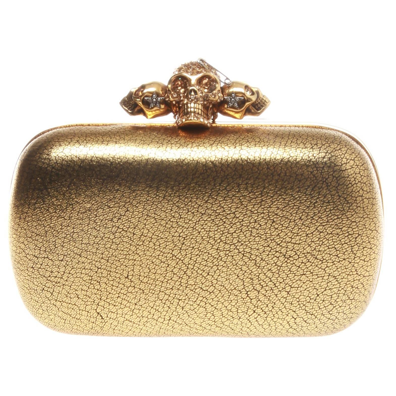 Alexander McQueen Gold Metallic Grained Skull Box Clutch For Sale