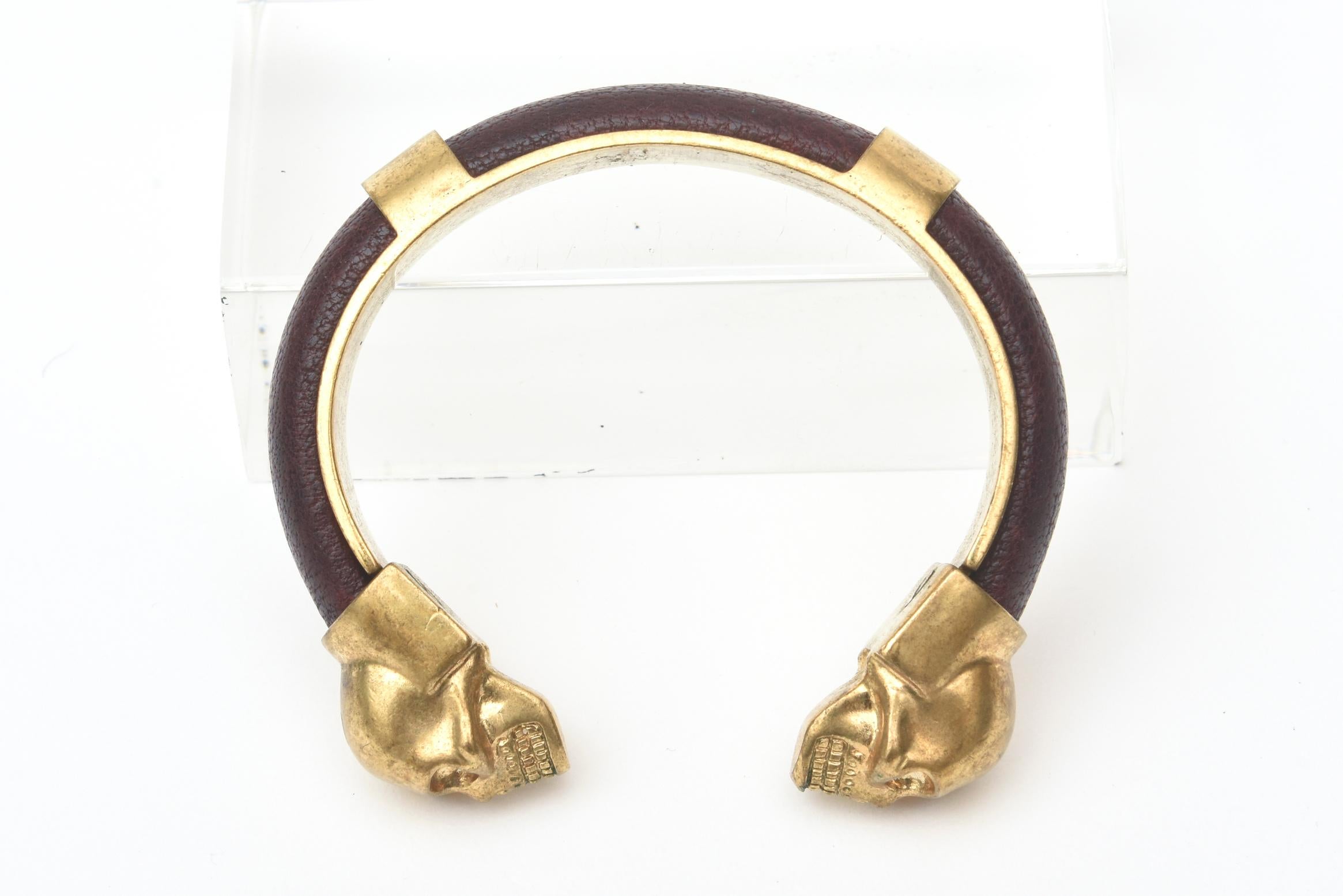 Alexander McQueen Gold Plated and Leather Skull Bracelet 7