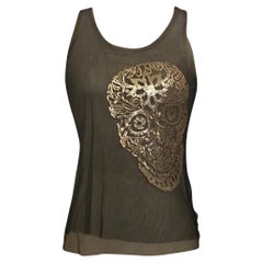 Alexander McQueen Gold Sequin Skull on Black Mesh Top