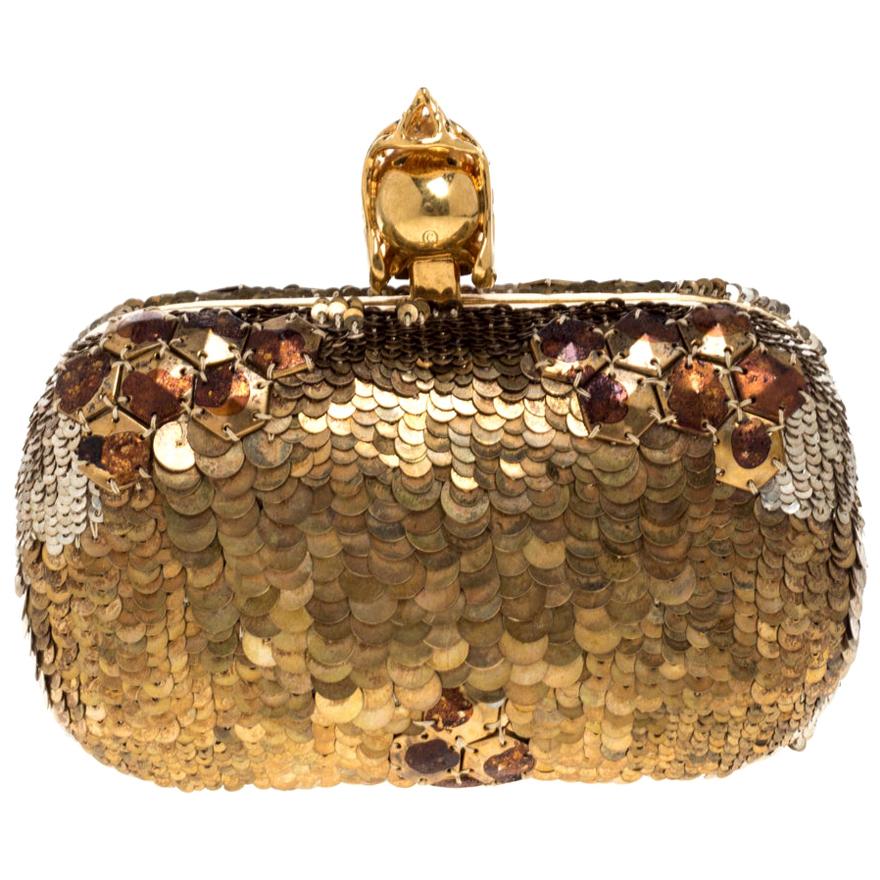 Alexander McQueen Gold Sequins Jaw Skull Clutch