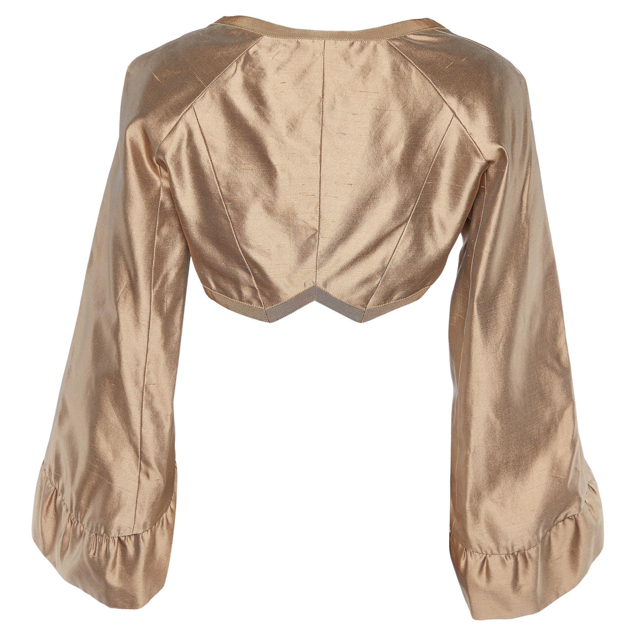 Alexander McQueen Gold Silk Open Front Full Sleeve Shrug M For Sale