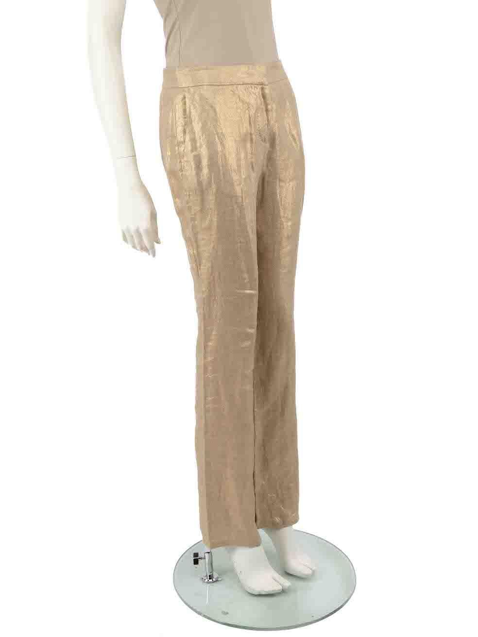 CONDITION is Very good. Hardly any visible wear to trousers is evident on this used Alexander McQueen designer resale item.
 
 
 
 Details
 
 
 Gold
 
 Linen
 
 Trousers
 
 Straight fit
 
 Mid rise
 
 2x Side pockets
 
 Fly zip, hook and button