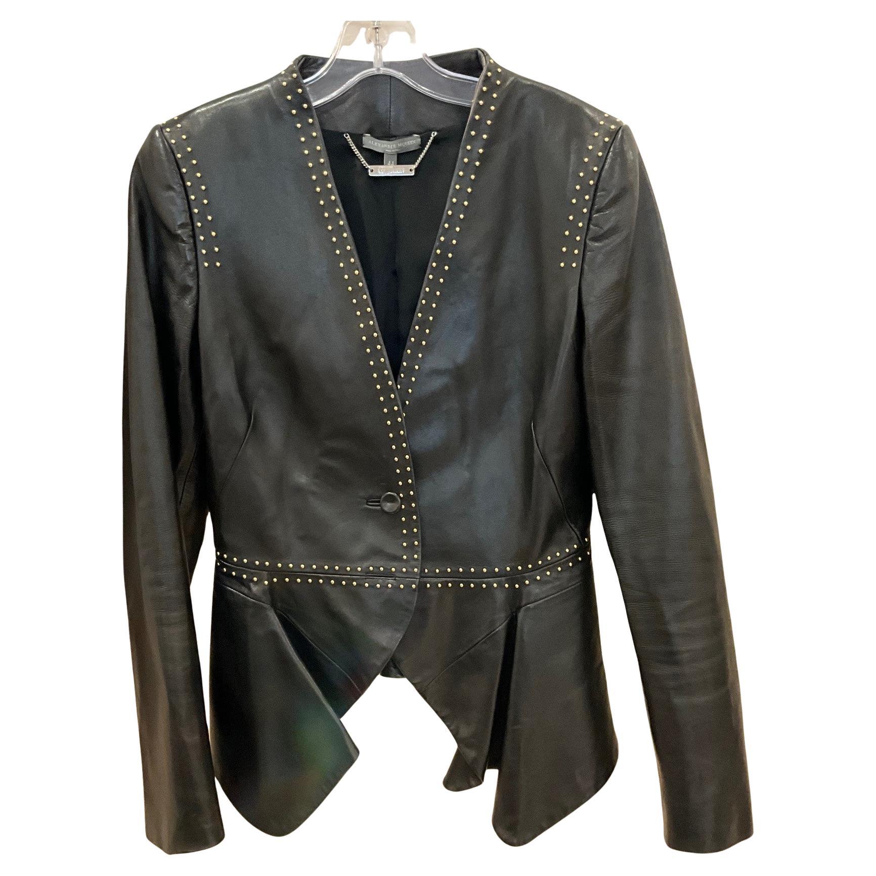 Alexander McQueen Gold Studded Black Leather Jacket For Sale