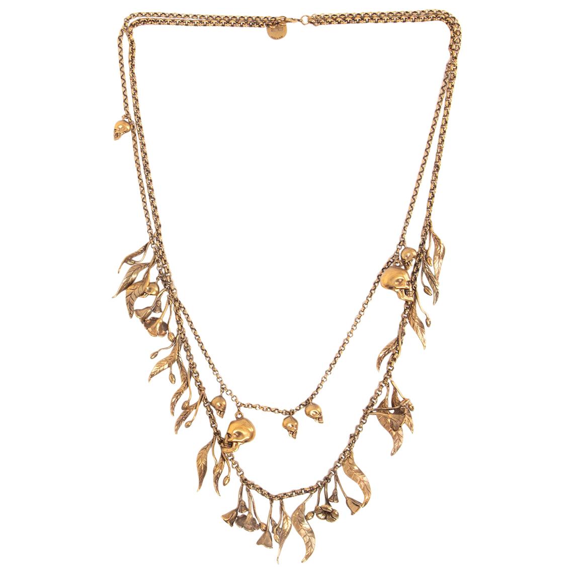 ALEXANDER MCQUEEN gold-tone brass FLOWER & SKULL Chain Necklace