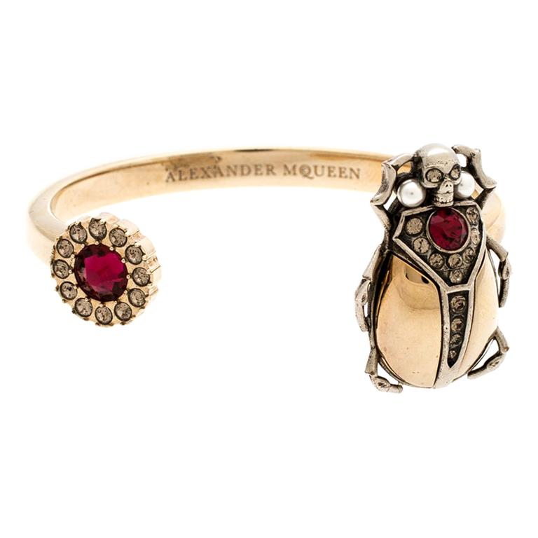 Alexander McQueen Gold Tone Crystal Embellished Beetle Cuff Bracelet S
