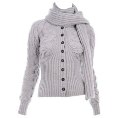 Alexander McQueen Gray Wool Cardigan Cable Knit Sweater With Attached Scarf