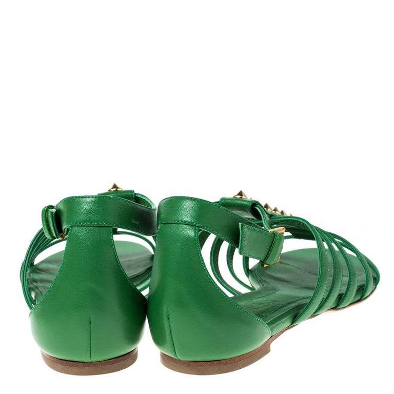 Alexander McQueen Green Leather Spike Detail Flat Gladiator Sandals ...