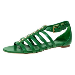Alexander McQueen Green Leather Spike Detail Flat Gladiator Sandals Size 38.5