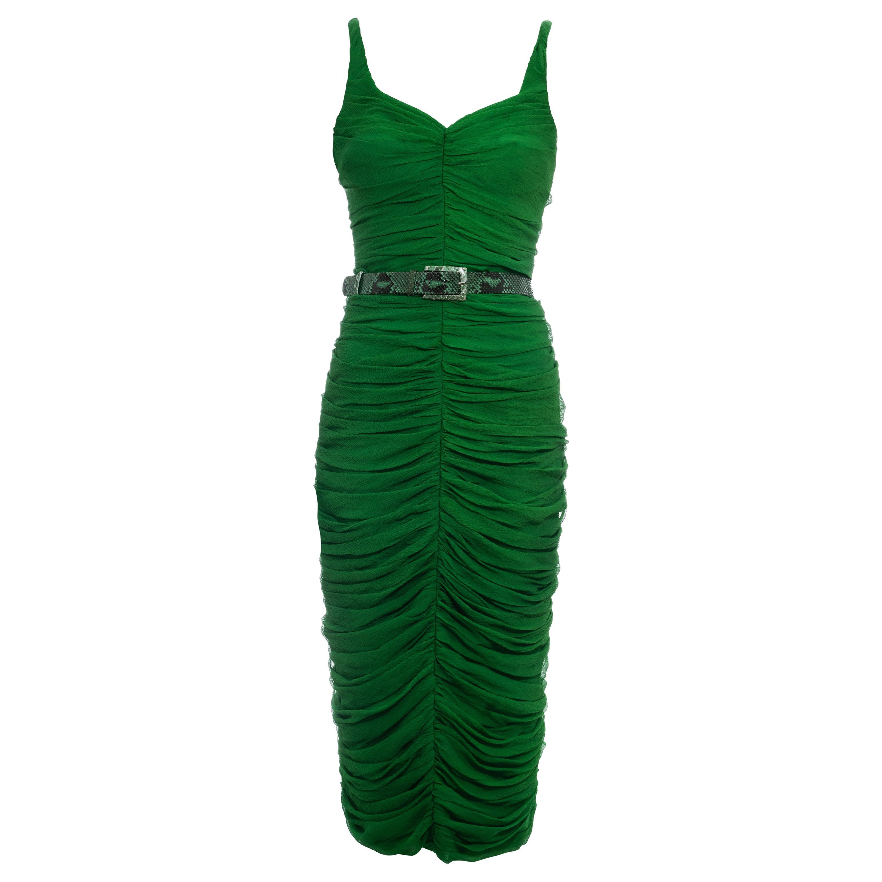 Alexander McQueen green pleated silk chiffon wiggle dress, fw 2005