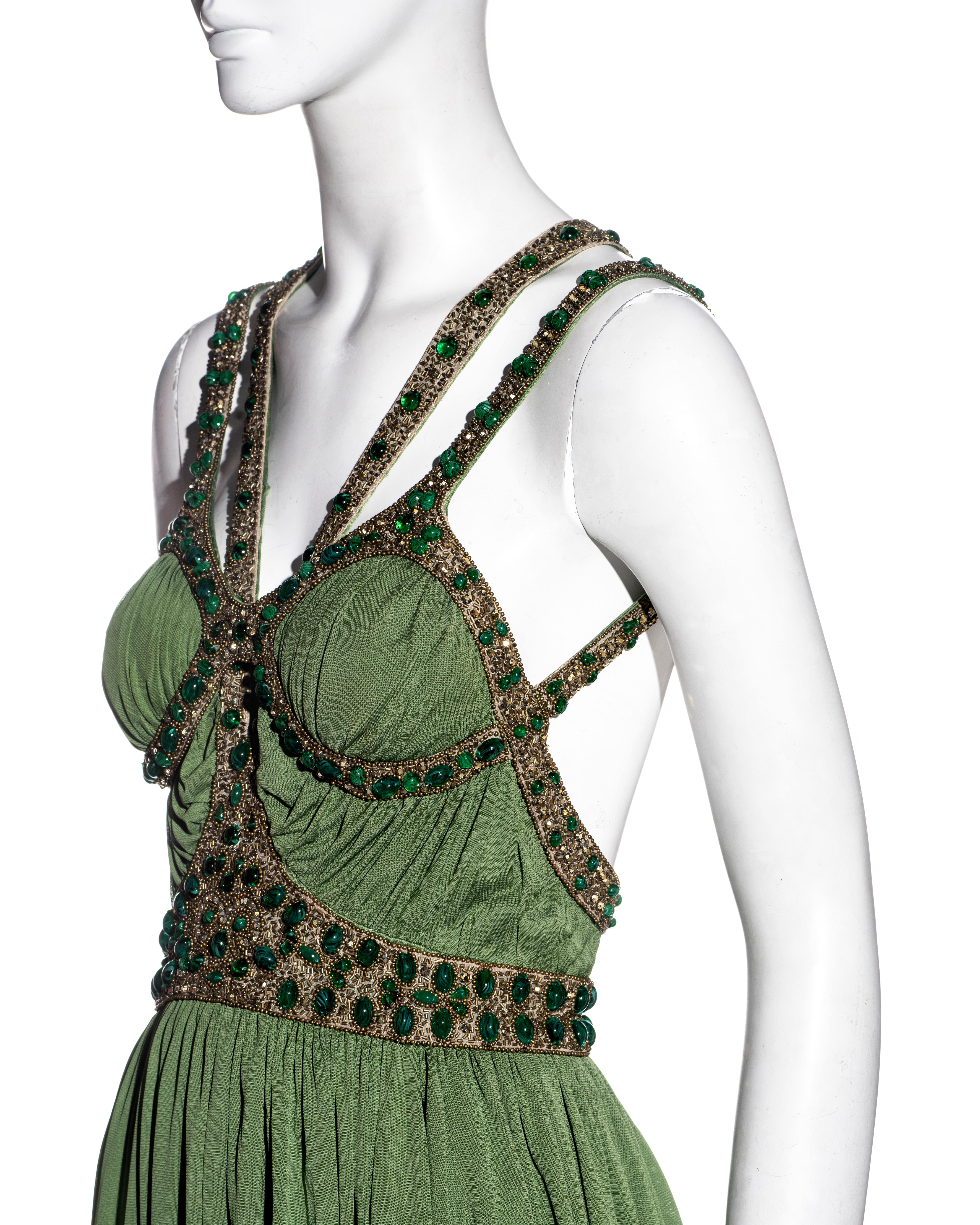 Gray Alexander McQueen green silk jersey embellished mini dress, ss 2006 For Sale