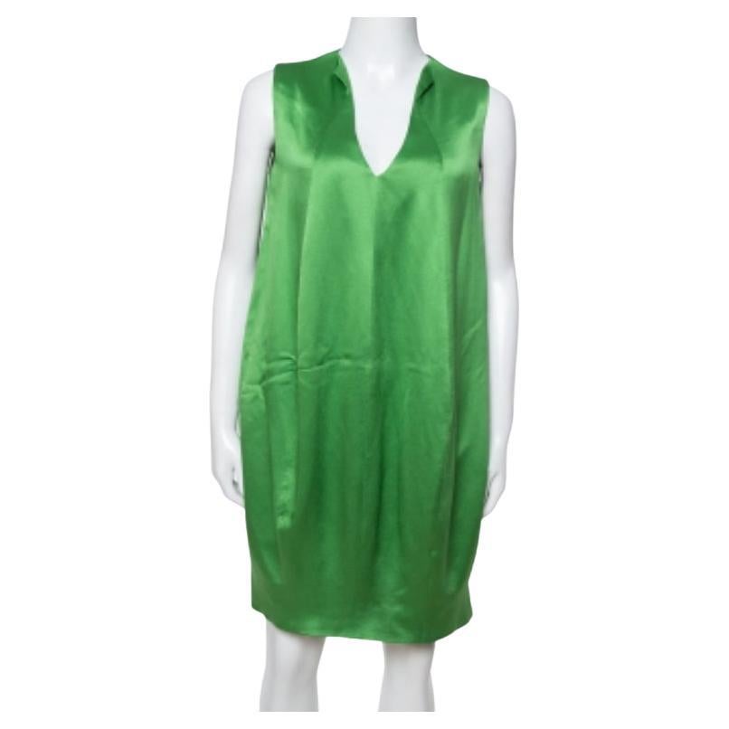 Alexander McQueen Green Silk Satin Sleeveless Shift Dress M For Sale