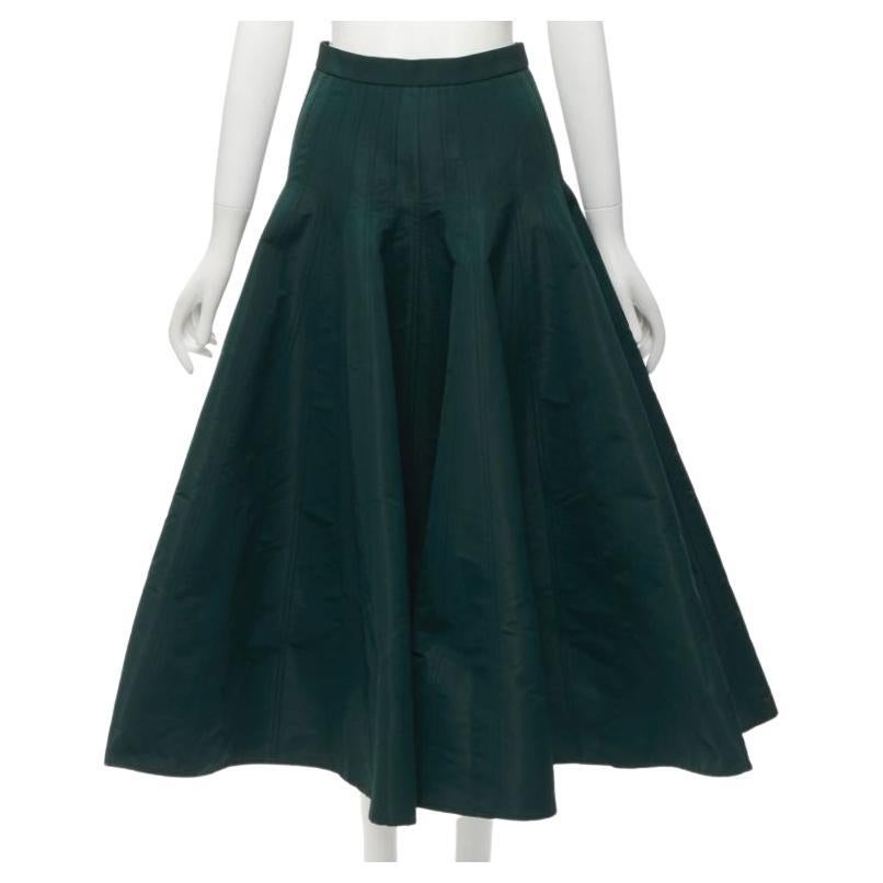 ALEXANDER MCQUEEN green taffeta top stitching panelled flared midi skirt IT36 XS For Sale
