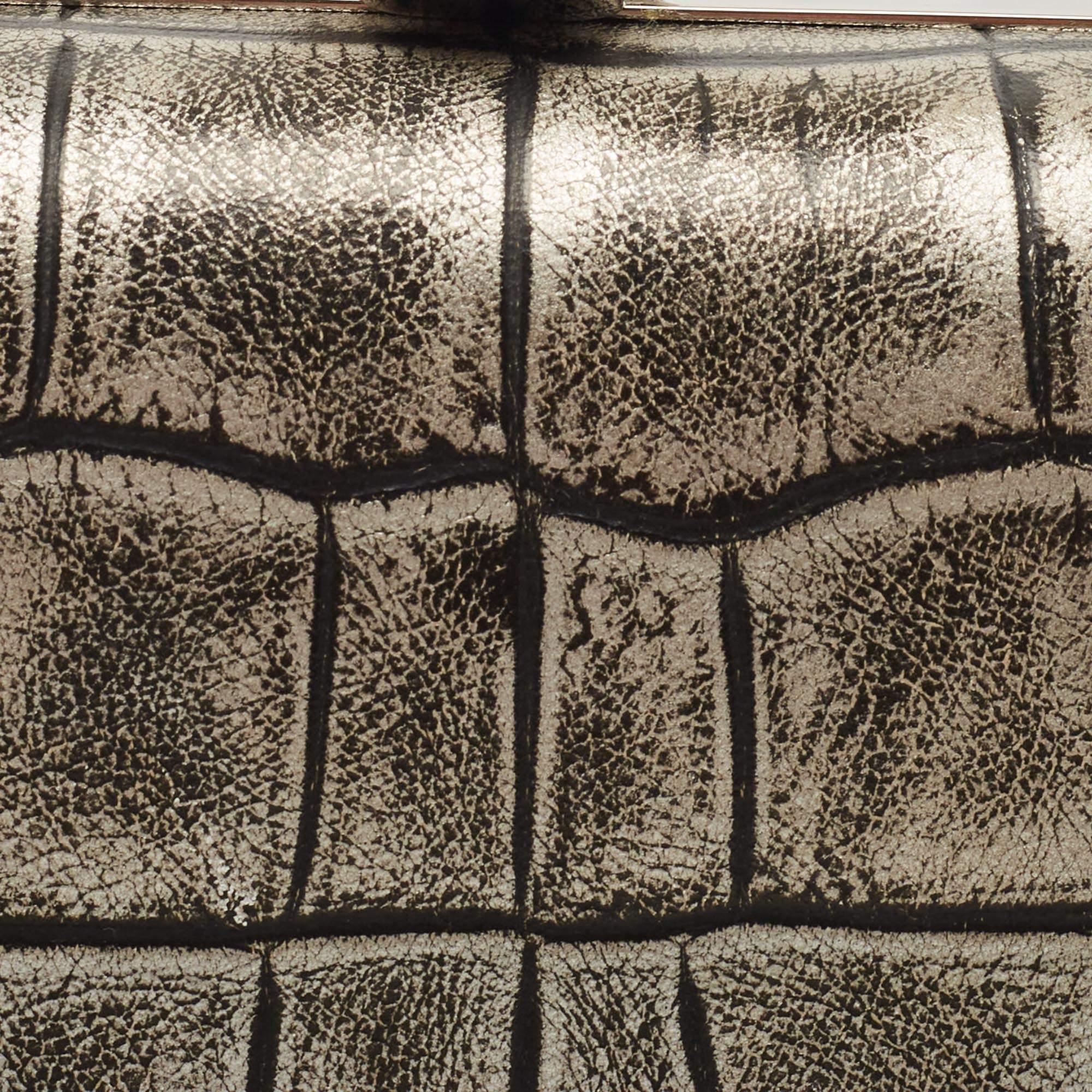 Alexander McQueen Grey/Black Croc Embossed Leather Skull Box Clutch 7