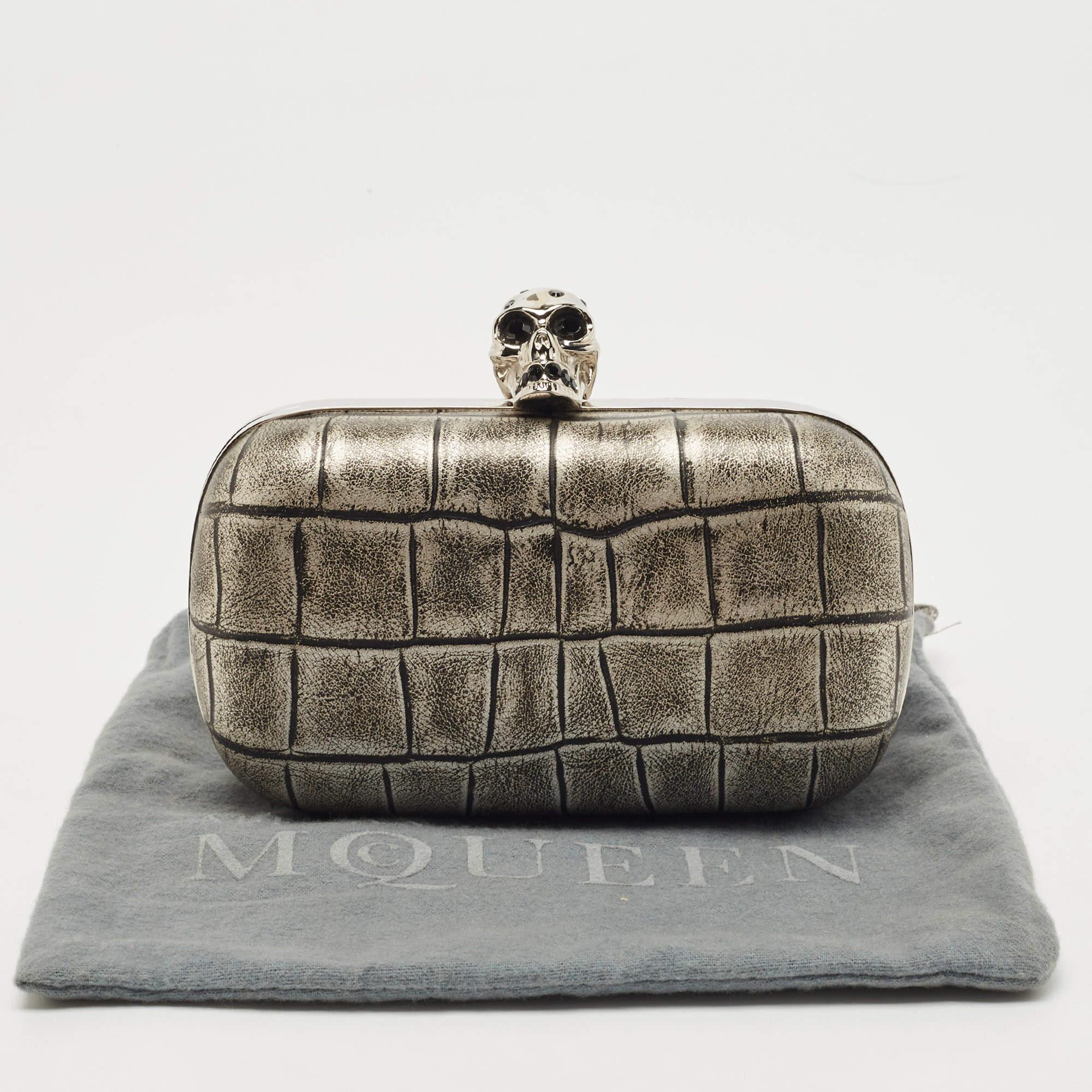 Alexander McQueen Grey/Black Croc Embossed Leather Skull Box Clutch 2