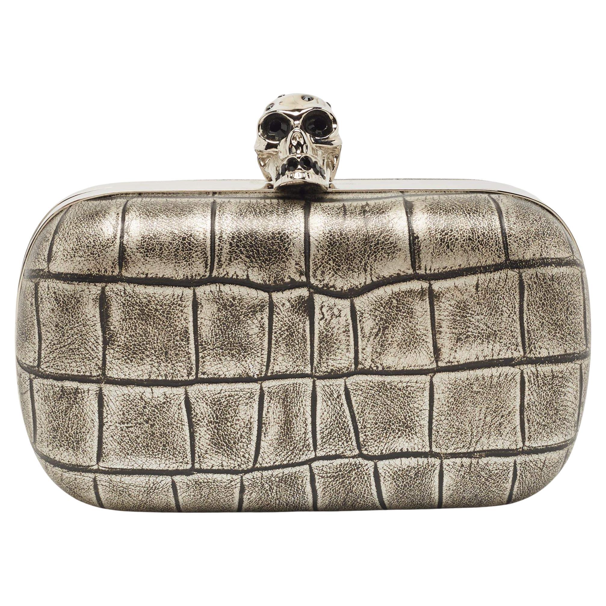 Alexander McQueen Grey/Black Croc Embossed Leather Skull Box Clutch