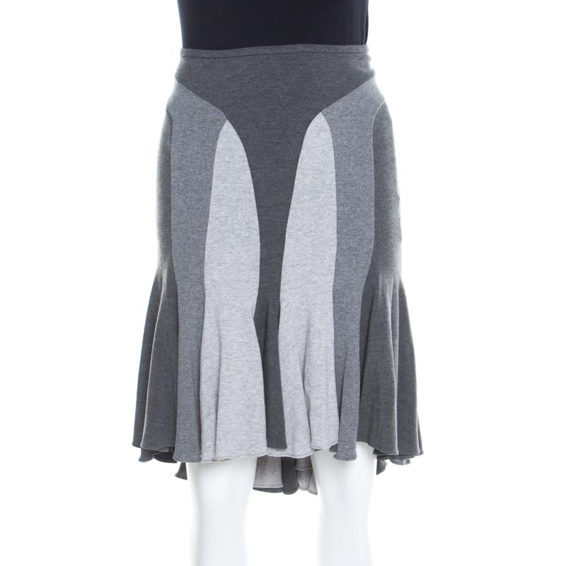 Gray Alexander McQueen Grey Colorblock Paneled Jersey Flared Godet Skirt M