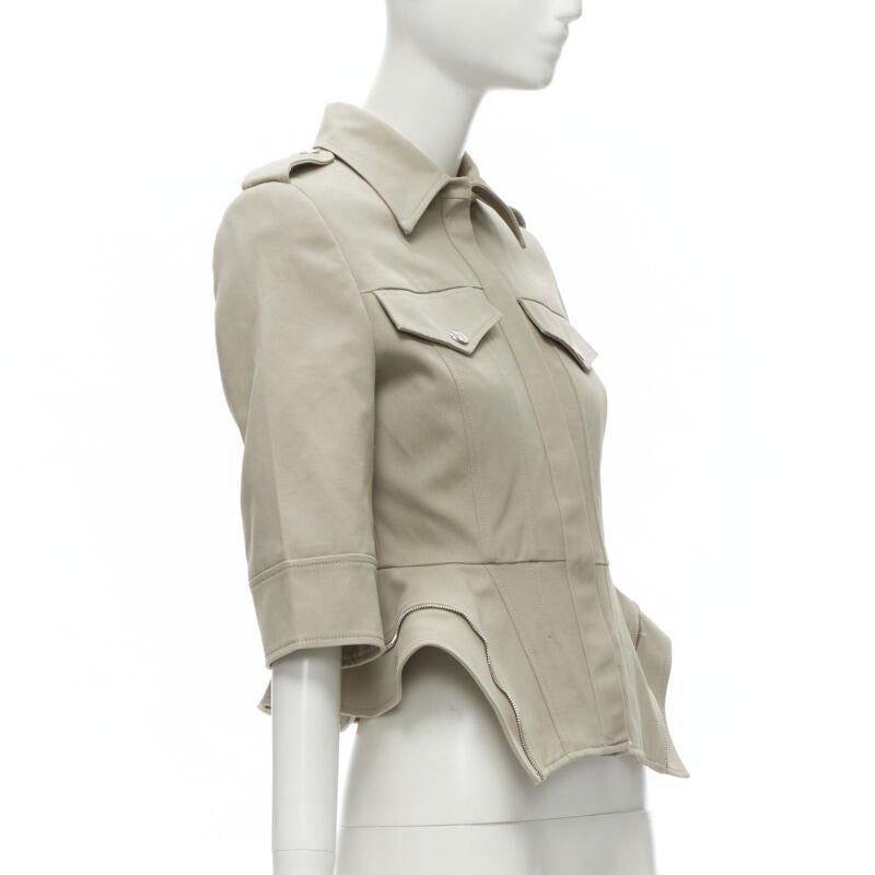 Brown ALEXANDER MCQUEEN grey cotton fitted zipper trim peplum utility jacket IT38 XS For Sale