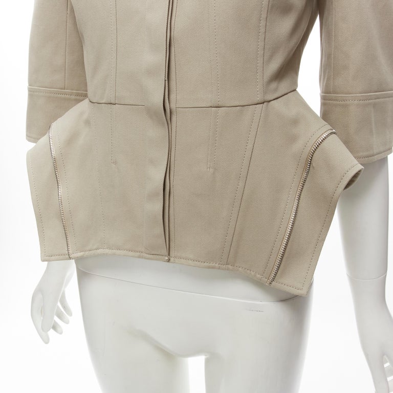 ALEXANDER MCQUEEN grey cotton fitted zipper trim peplum utility jacket IT38  XS For Sale at 1stDibs