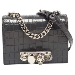 Alexander McQueen Grey Croc Embossed Leather Jewelled Shoulder Bag