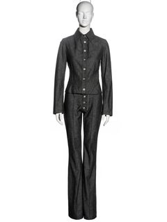 Alexander McQueen grey denim shirt and flared pants, fw 2000