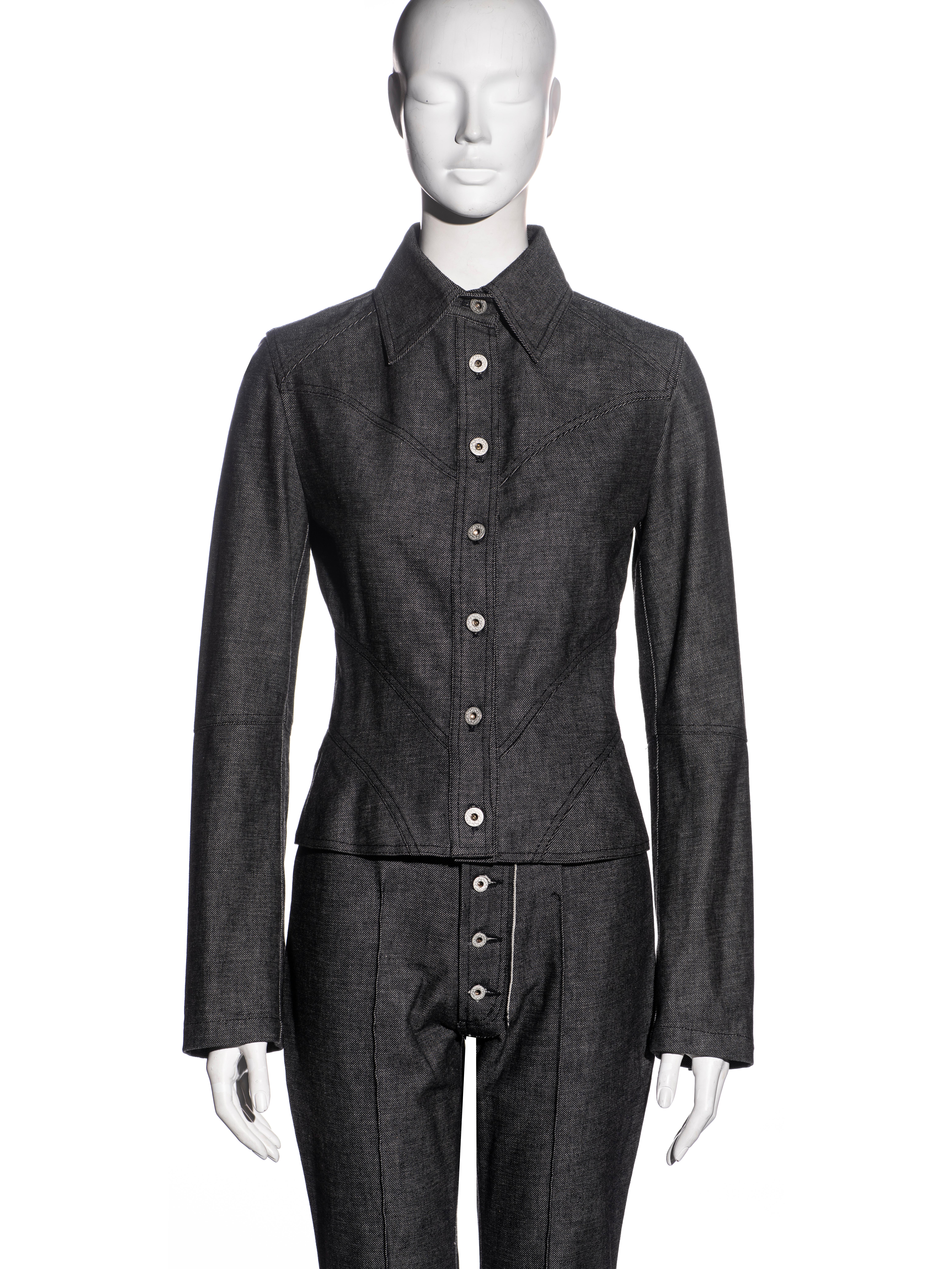 Black Alexander McQueen grey denim shirt and flared pants, fw 2000 For Sale