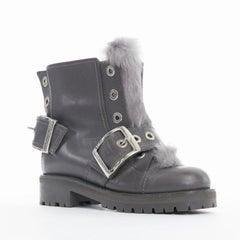 ALEXANDER MCQUEEN grey leather rabbit fur trimmed buckle combat boot EU38.5