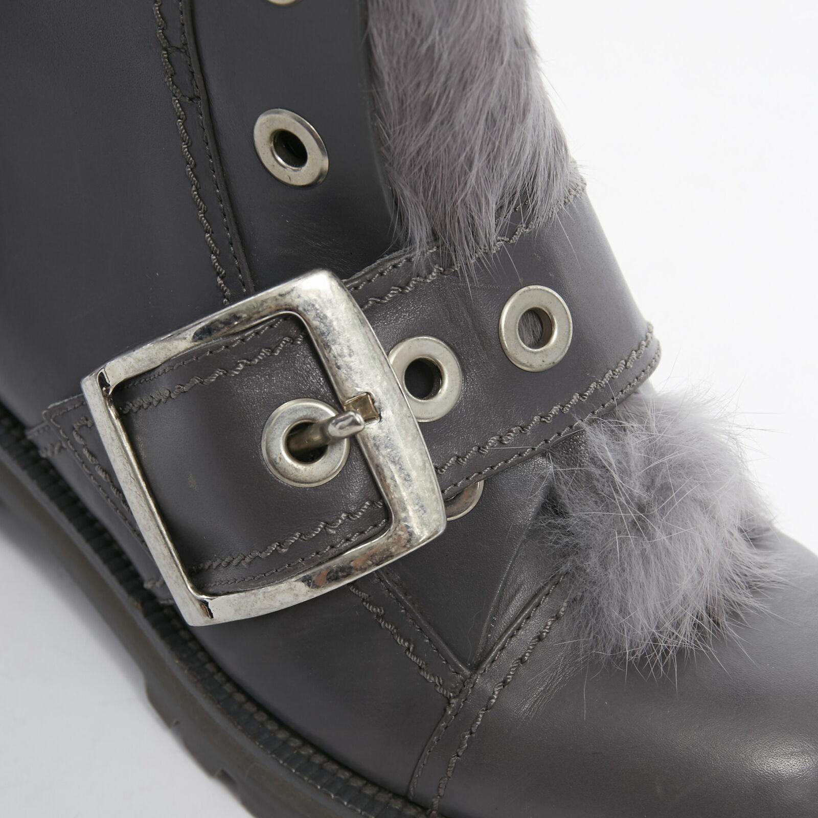 ALEXANDER MCQUEEN grey leather rabbit fur trimmed buckle combat boot EU38.5 For Sale 1