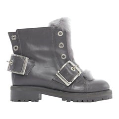 ALEXANDER MCQUEEN grey leather rabbit fur trimmed buckle combat boot EU38.5