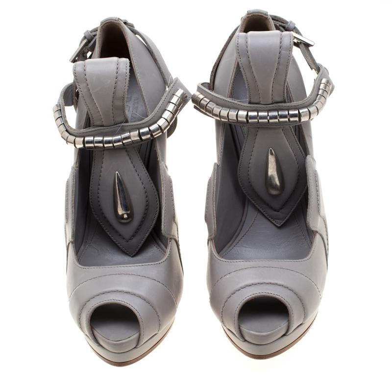 Gray Alexander McQueen Grey Leather T Strap Peep Toe Platform Pumps Size 36