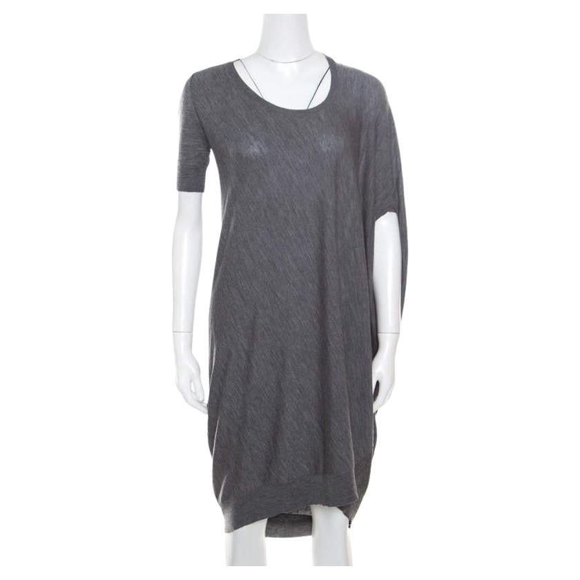 Alexander McQueen Grey Melange Wool Asymmetric Sleeve Oversized Shift Dress S For Sale