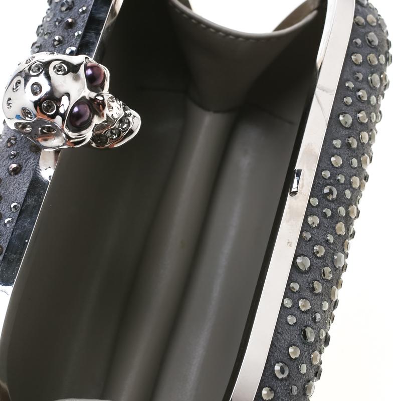 Alexander McQueen Grey Nubuck Leather and Crystal Embellished Skull Clutch 2