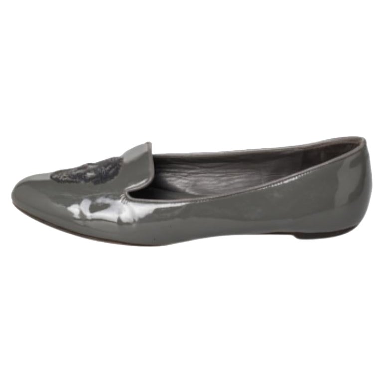 Alexander McQueen Grey Patent Leather Sequin Skull Smoking Slippers Size 39