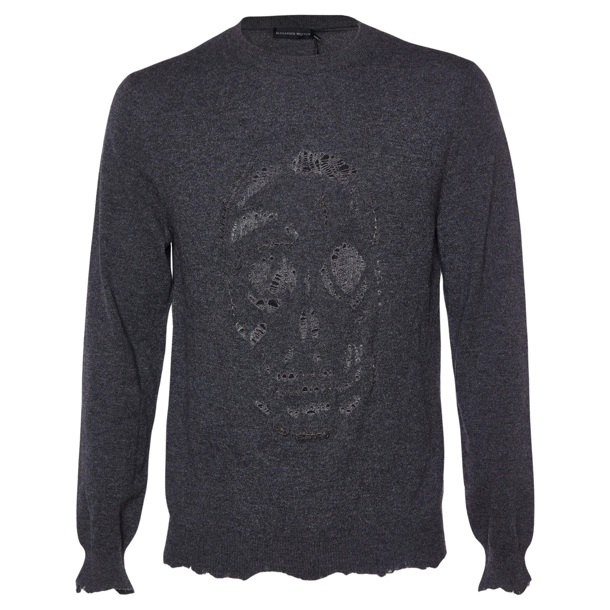 Alexander McQueen Grey Pierced Skull Wool & Cashmere Sweater L For Sale