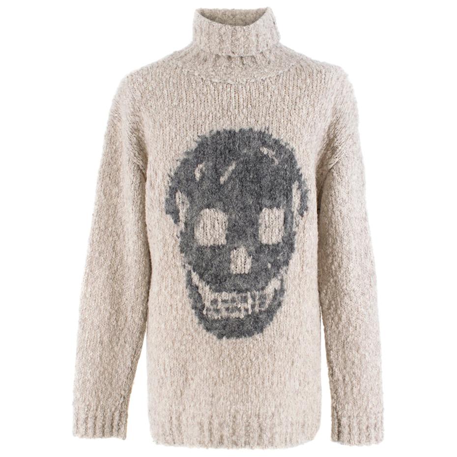 Alexander McQueen Grey Skull Print Wool Blend Roll Neck Sweater XS
