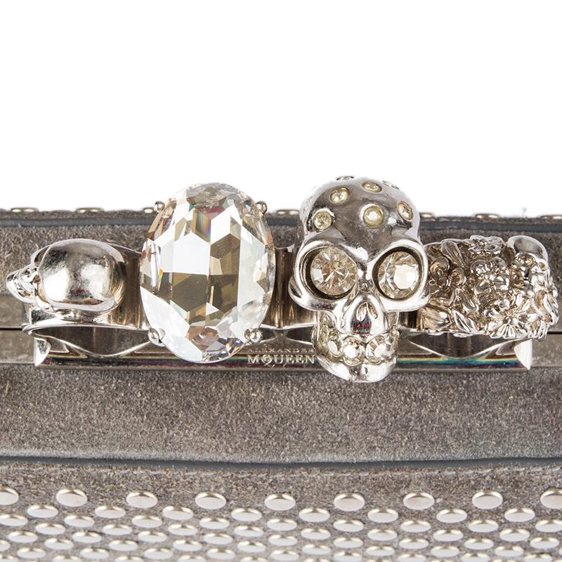 Gray ALEXANDER MCQUEEN grey suede STUDDED CRYSTAL FOUR-RING SKULL Knuckle Clutch Bag